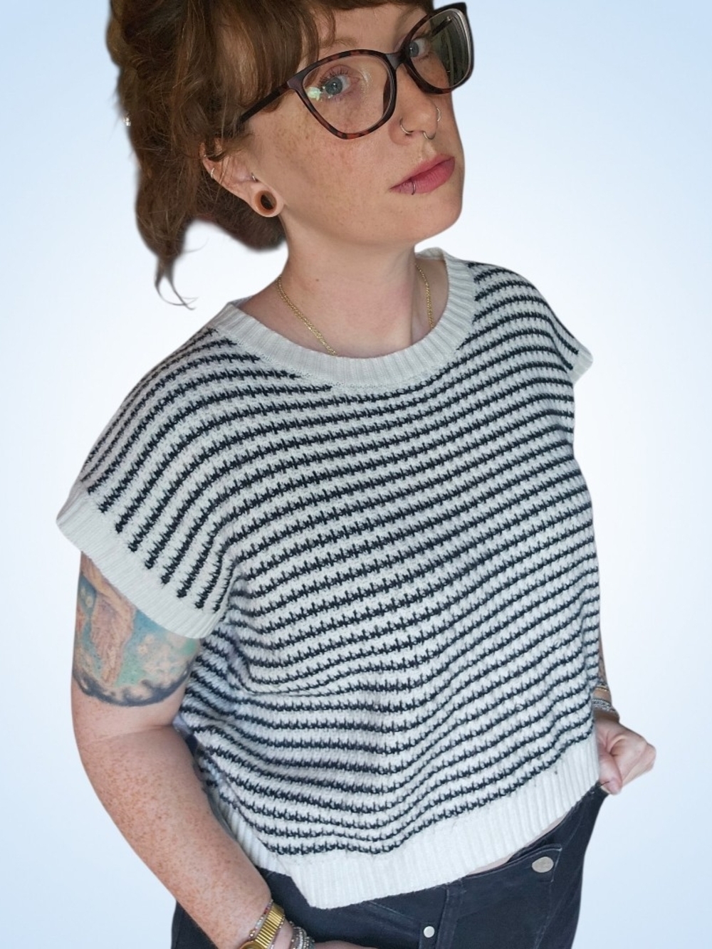 Knit Mix Striped Boxy Crop Sweater Small Coastal French Girl Nautical Knit Top
